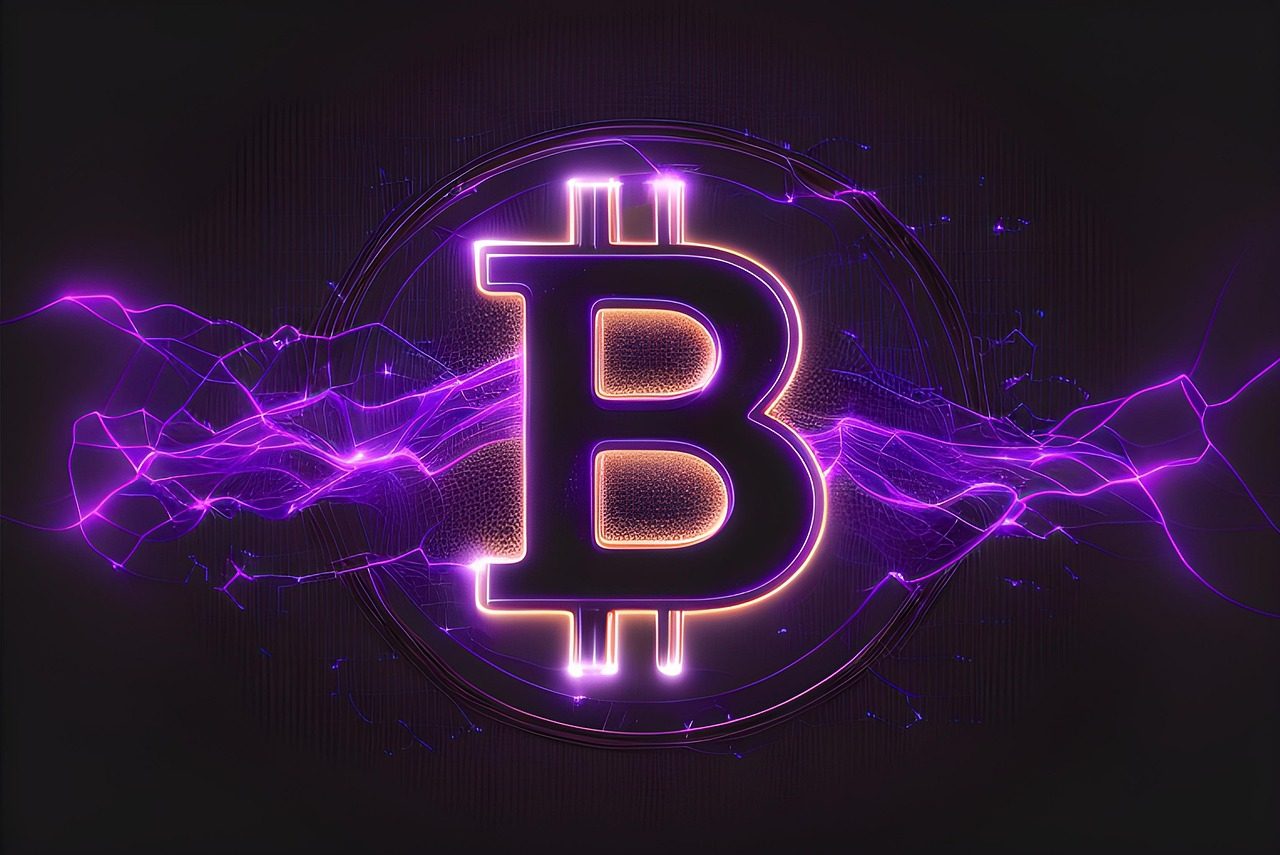Purple Bitcoin logo with thunderstorm illustration